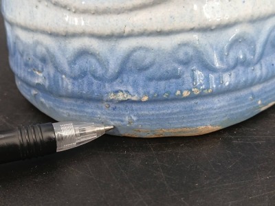 (2) Blue and White Stoneware Pitchers with Relief Designs - 8