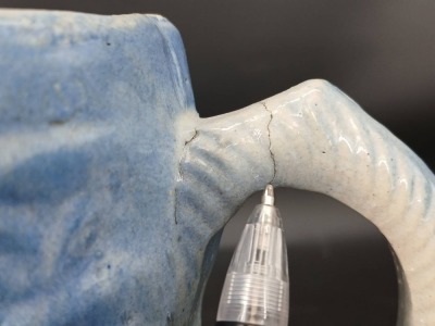 (2) Blue and White Stoneware Pitchers with Relief Designs - 9