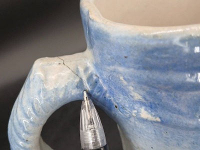 (2) Blue and White Stoneware Pitchers with Relief Designs - 11