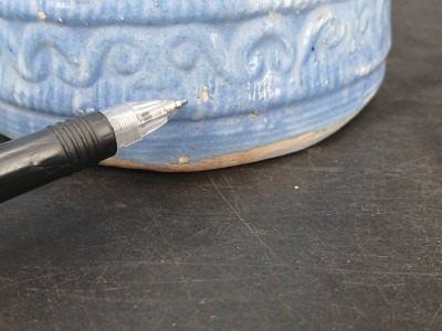 (2) Blue and White Stoneware Pitchers with Relief Designs - 12