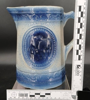 (2) Blue and White Stoneware Pitchers with Relief Designs - 13