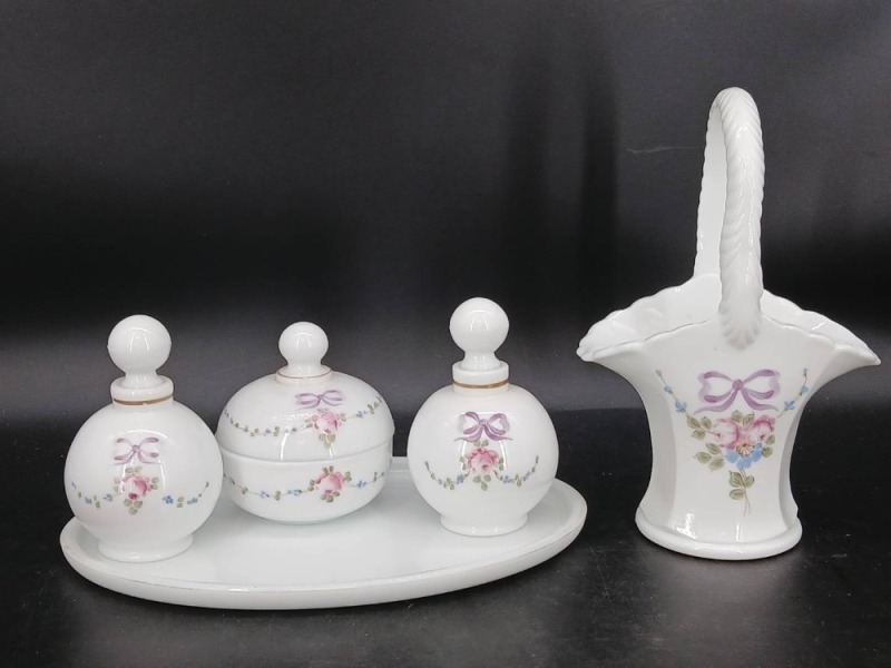 Hand-Painted Milk Glass Vanity Set