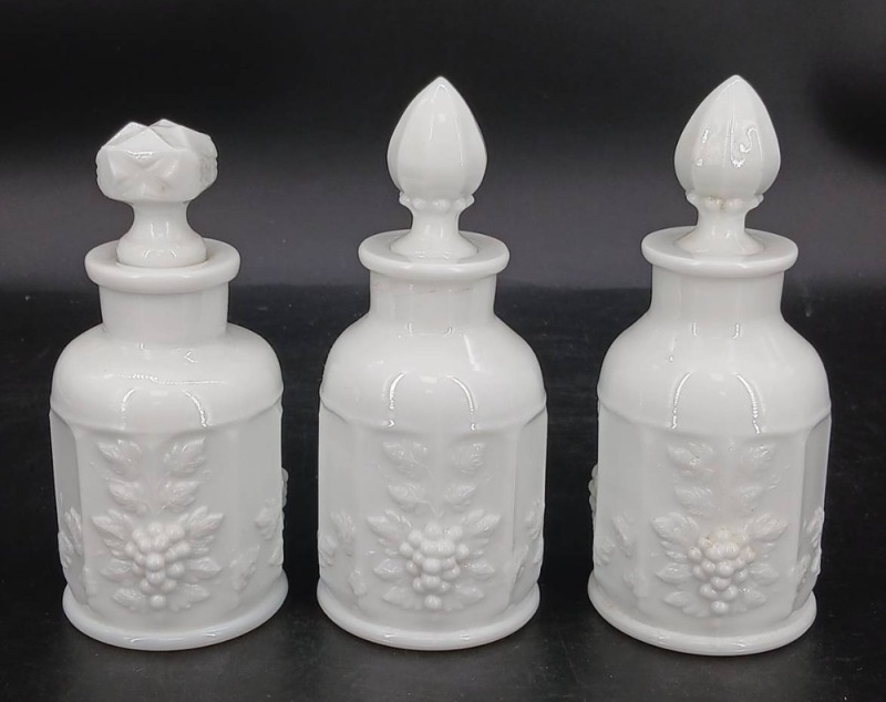 (3) Westmoreland Paneled Grape Milk Glass Perfume Bottles