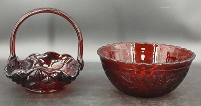Ruby Red Pressed Glass Bowl and Basket