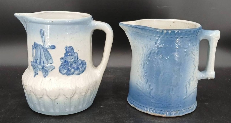 (2) Blue and White Stoneware Pitchers