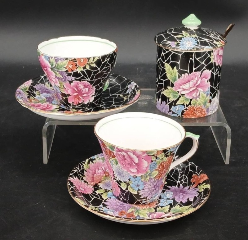 Shelley BlackCrackle Cup Sets and Mustard Jar