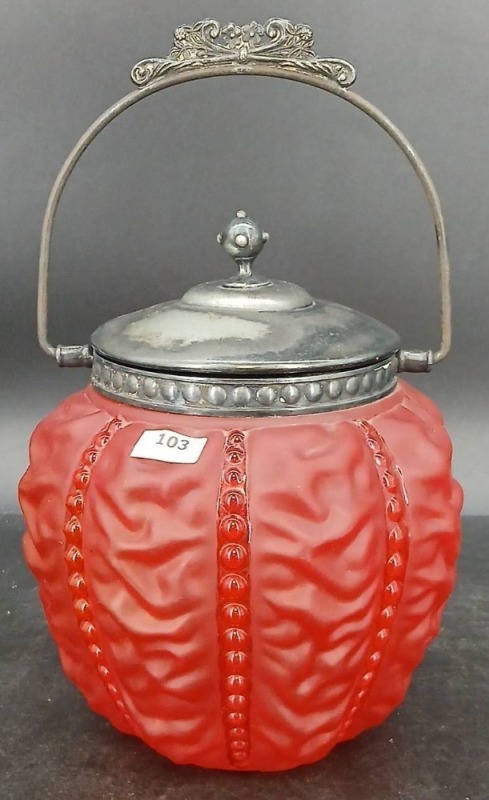 Red Satin Glass Biscuit Barrel with Metal Lid