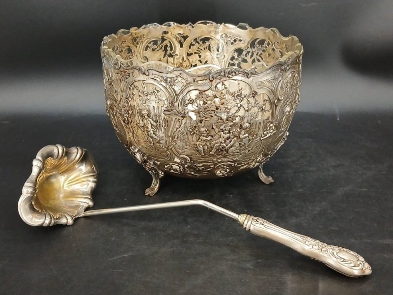 German Silver Punch Bowl and Silver Ladle