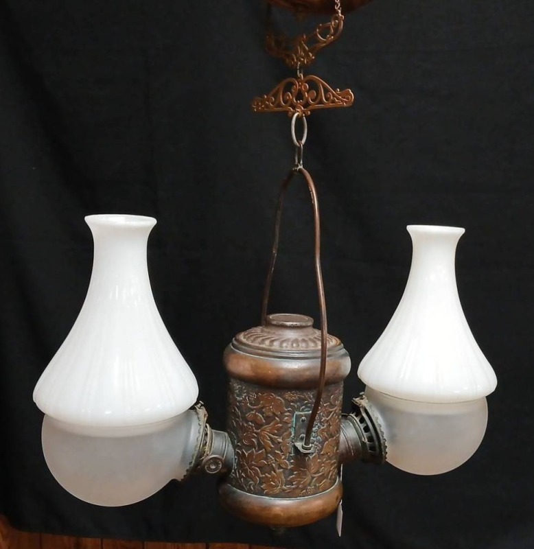 Angle Lamp Co. Embossed Brass Double Oil Chandelier