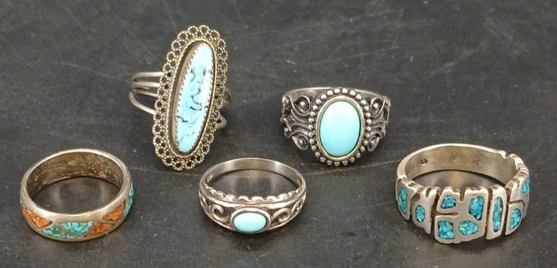 (5) Silver and Turquoise Rings