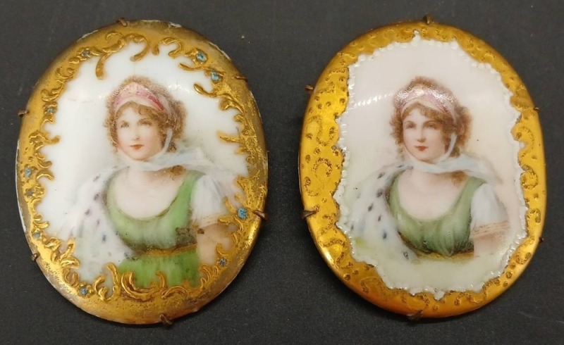 (2) Victorian Hand-Painted Porcelain Portrait Brooches