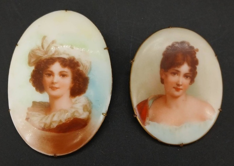 (2) Victorian Hand-Painted Porcelain Portrait Brooches