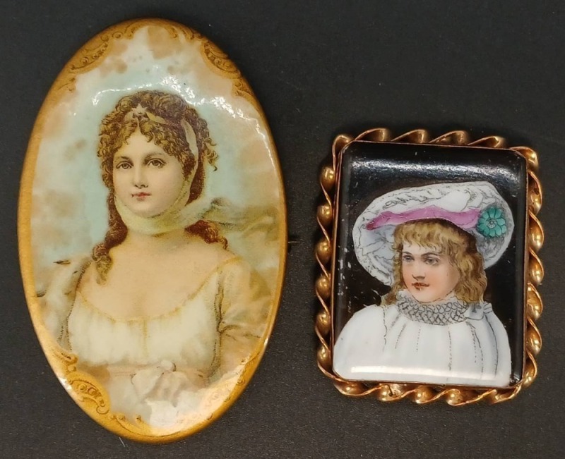 (2) Victorian Hand-Painted Porcelain Portrait Brooches