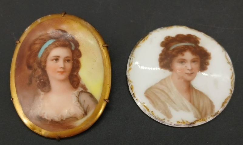 (2) Victorian Hand-Painted Porcelain Portrait Plaque and Brooch