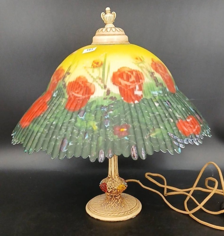 Decorative Cast Iron Table Lamp With Painted Glass Shade