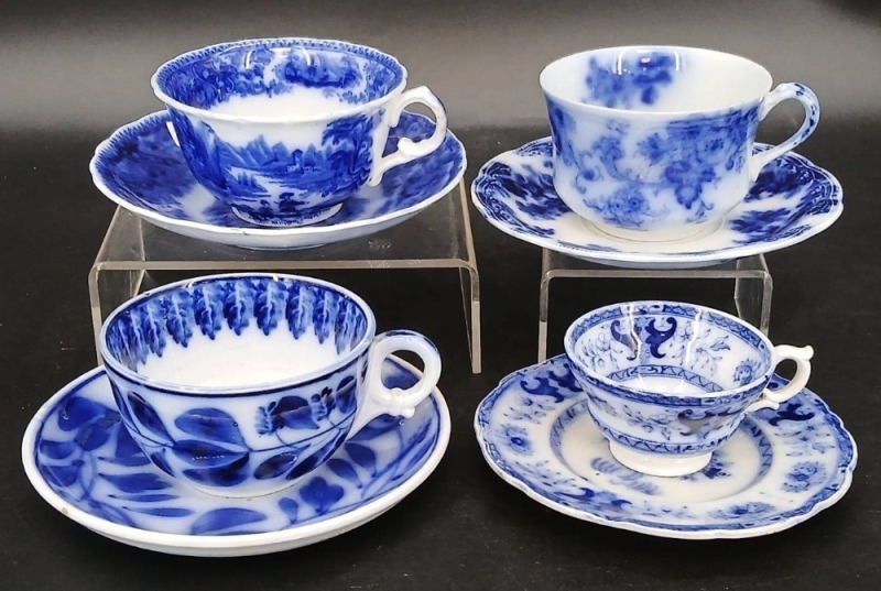 (4) Flow Blue Cups and Saucers