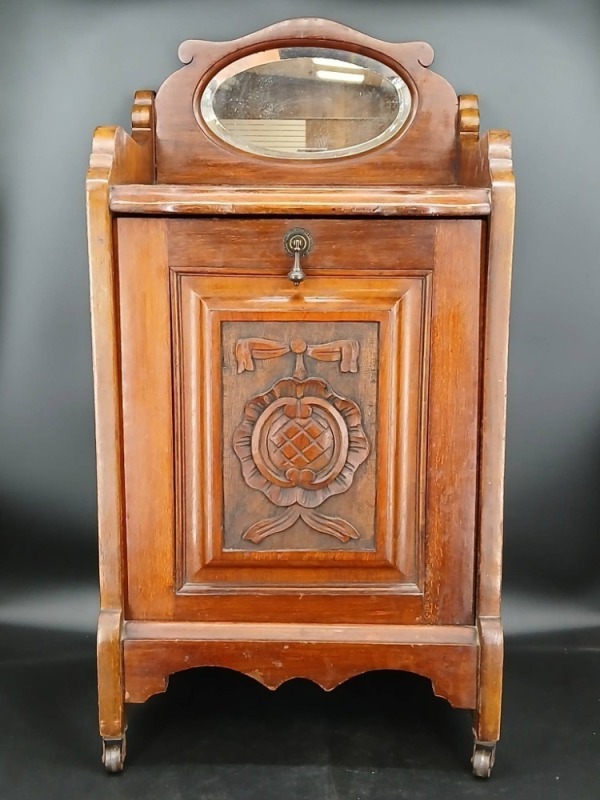 Wooden Coal Scuttle with Carved Front