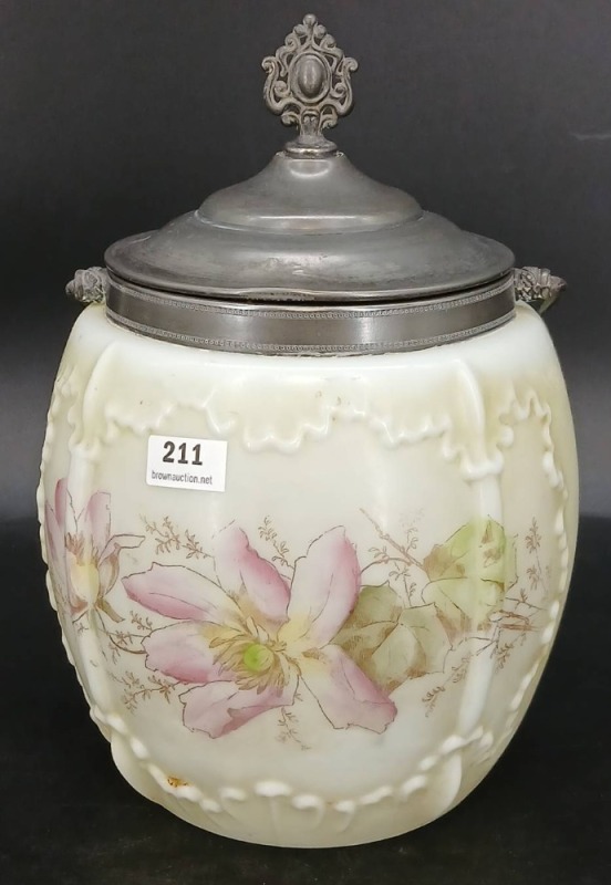 Victorian Decorated Glass Biscuit Jar with Metal Lid