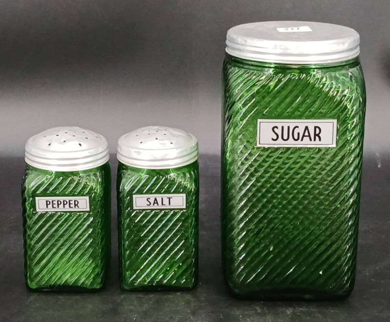 Green Glass Sugar Canister and Shakers Set