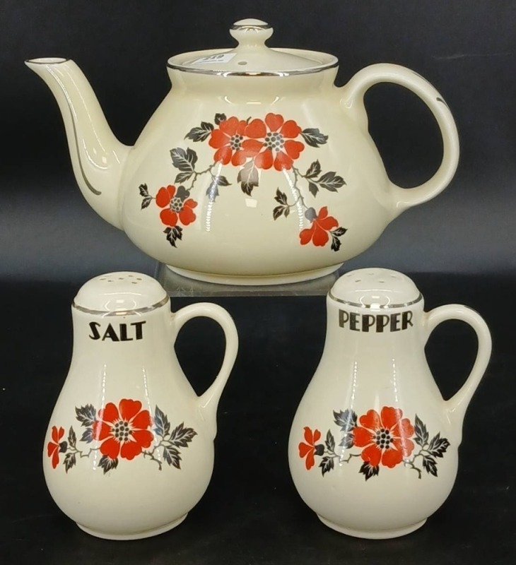 Hall's Superior Kitchenware Teapot, Salt and Pepper Shakers