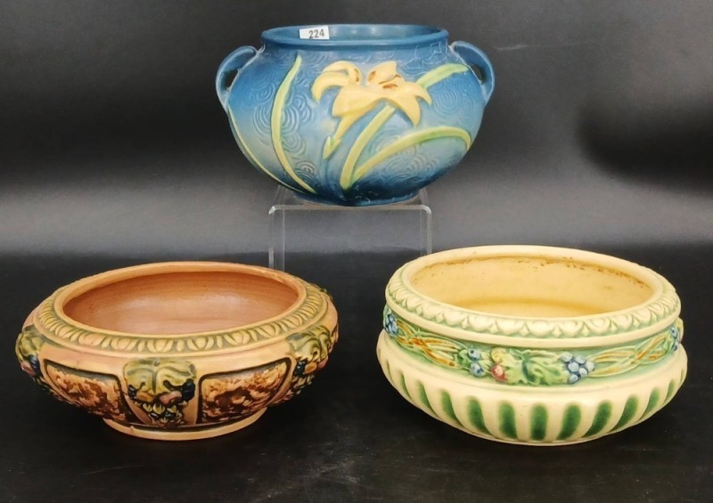 (3) Roseville Art Pottery Jardiniere and Bowls