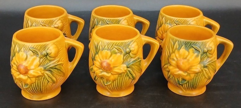 (6) Roseville Pottery Peony 3.5" Mugs