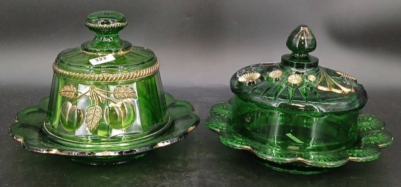 (2) EAPG Emerald Green Covered Butter Dishes With Gold Accents