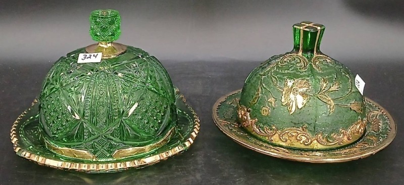 (2) EAPG Green Butter Dishes with Gold Trim