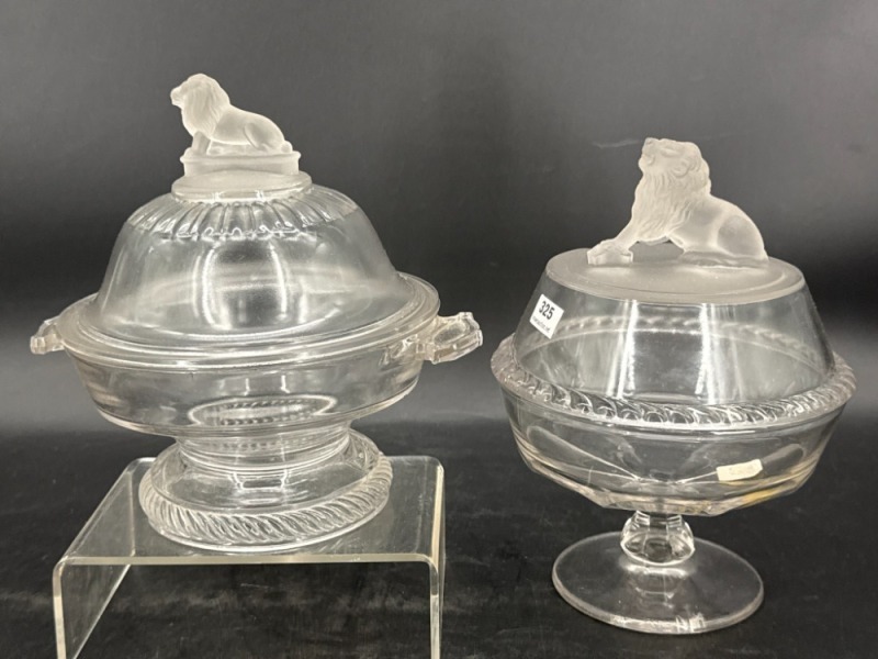 (2) EAPG Covered Dishes with Figural LionFinials