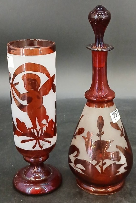 (2) Bohemian Ruby Stained Glass Vase and Decanter