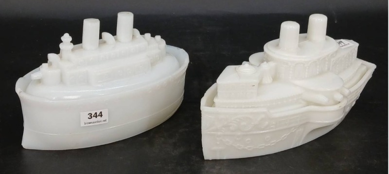 (2) Milk Glass Battleship Covered Dishes