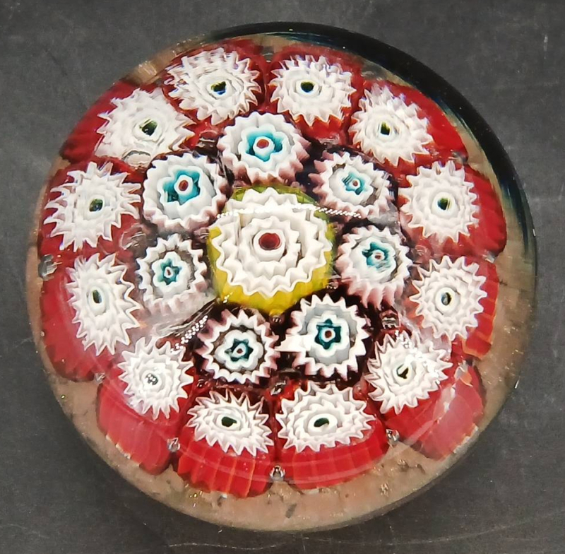 Millefiori Glass Paperweight With Red Accents