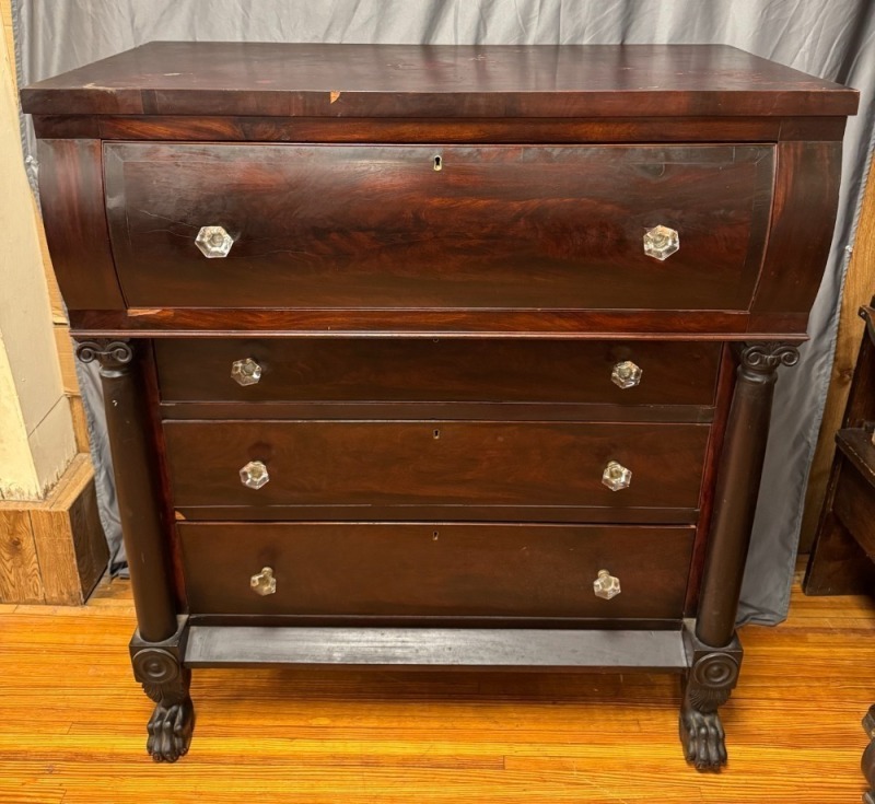 Mahogany Empire Chest with Glass Pulls and Paw Feet