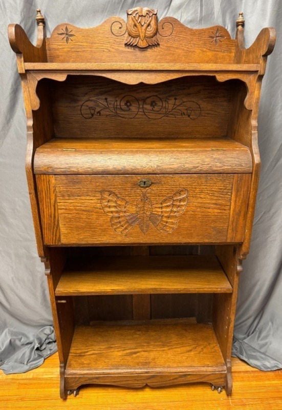 Carved Oak Secretary With Eagle and Butterfly Motifs