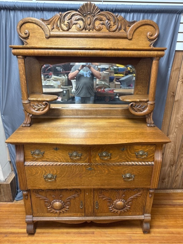 Carved Oak Hooded Sideboard With Mirror