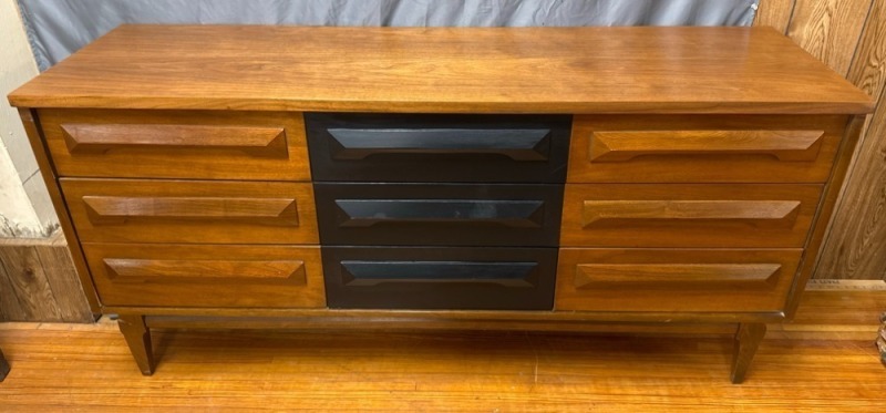 MCM Walnut and Black Nine-Drawer Dresser