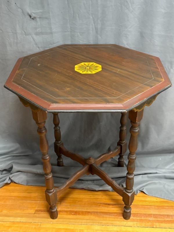 Octagonal Wood Table with Inlaid Flower Design, 29&acirc;&euro; Tall