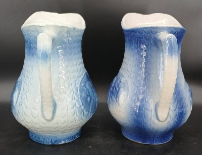 (2) Blue and White Stoneware Pitchers with Relief Designs - 2