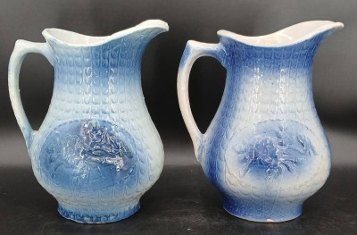 (2) Blue and White Stoneware Pitchers with Relief Designs - 3