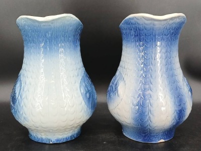 (2) Blue and White Stoneware Pitchers with Relief Designs - 4