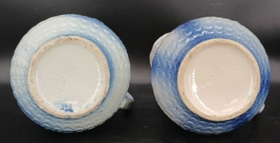 (2) Blue and White Stoneware Pitchers with Relief Designs - 5