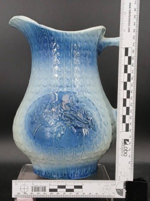 (2) Blue and White Stoneware Pitchers with Relief Designs - 6