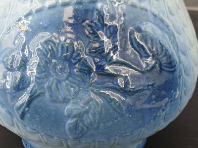 (2) Blue and White Stoneware Pitchers with Relief Designs - 7