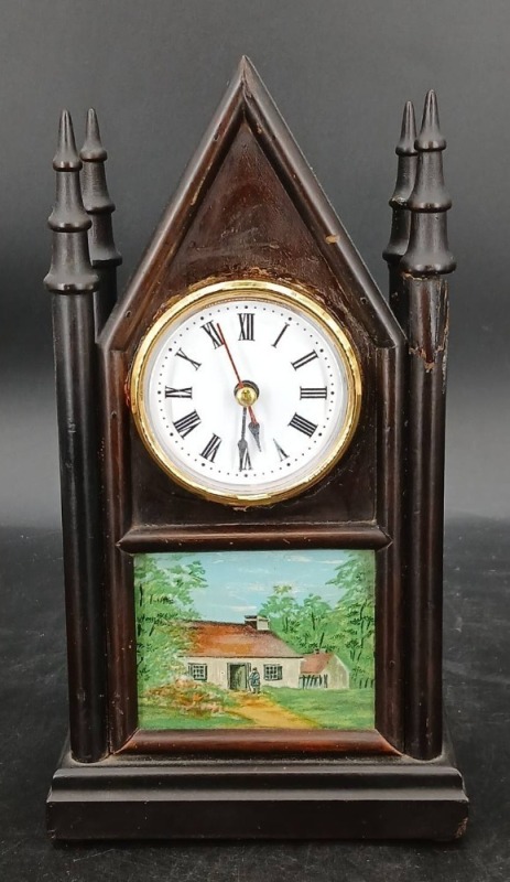 Wooden Steeple Bedside Clock with Art Scene