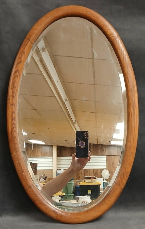 Oval Wall Mirror with Wooden Frame