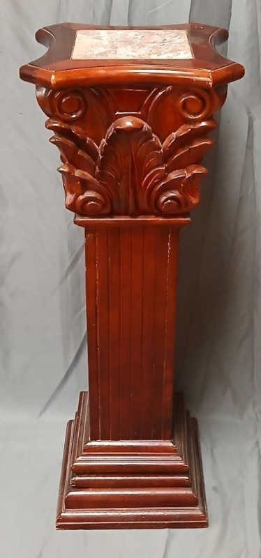 Carved Wood Pedestal With Marble Top, 36" tall