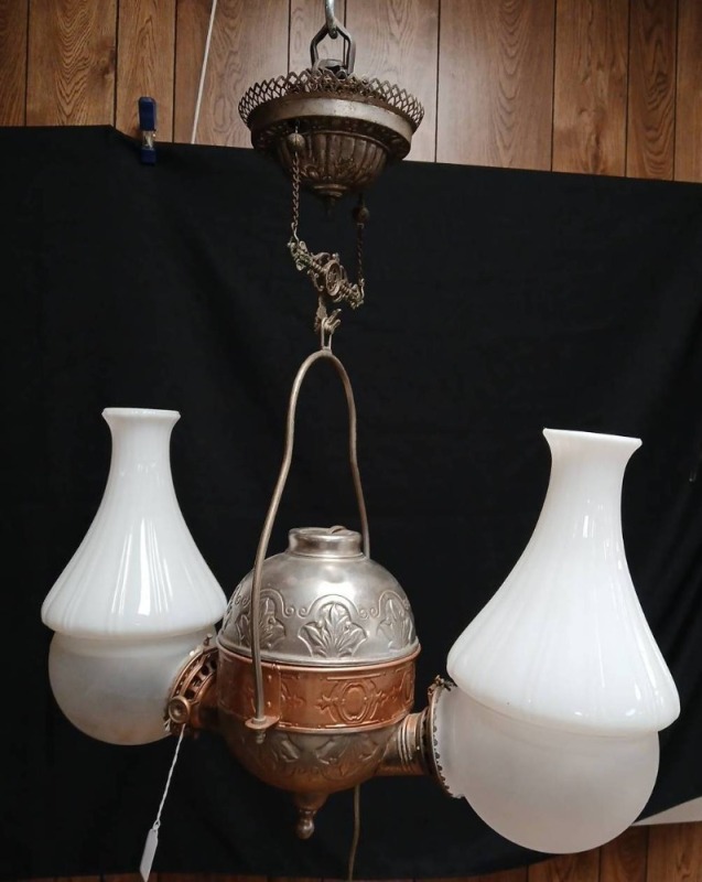 Nickel Brass Hanging Oil Lamp Chandelier 3 Glass Shades
