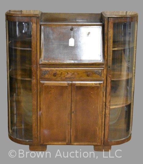 Drop-front desk with curved glass display shelving on both sides, 45"w x 14" deep x 3'11" tall