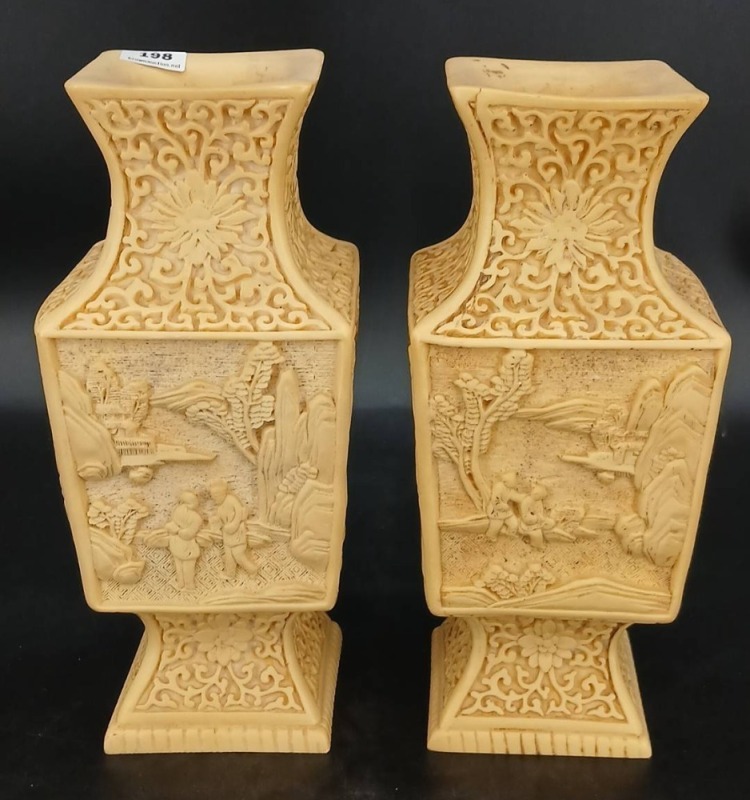 (2) Square Chinese Hand-carved Vases