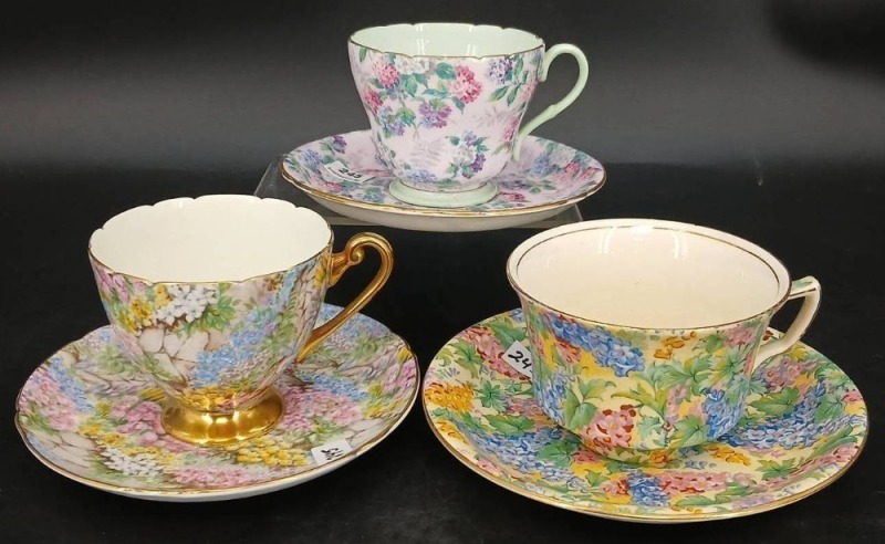 (3) Shelley & Royal Winton Flowered Cup and Saucer Sets